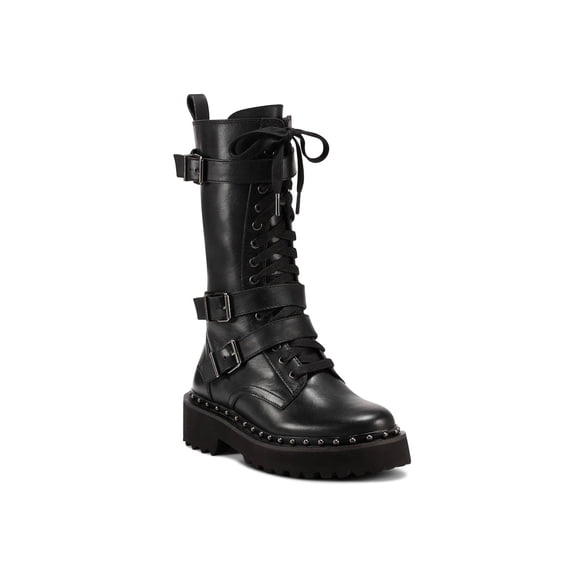Vince Camuto Meterla Black Lace Up Mid Calf Toe Embellished Detail Combat Boot (Black, 6)