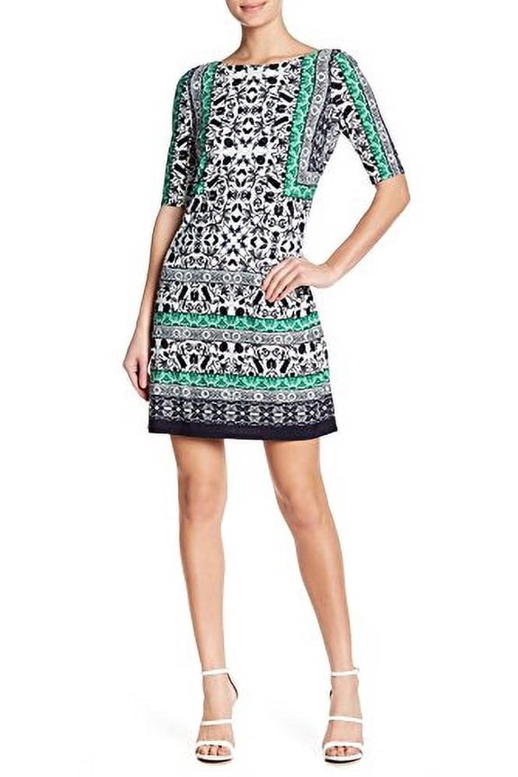 Patterned Elbow Sleeve Jersey Knit Dress, Green/Multi (2)