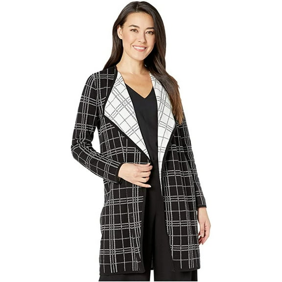 Vince Camuto Plaid Open Front Maxi Cardigan, Black/White, Petite X-Small