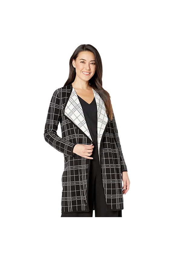 Plaid Open Front Maxi Cardigan, Black/White, Petite X-Small