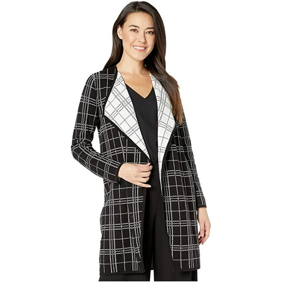 Vince Camuto Plaid Open Front Maxi Cardigan, Black/White, Petite X-Small