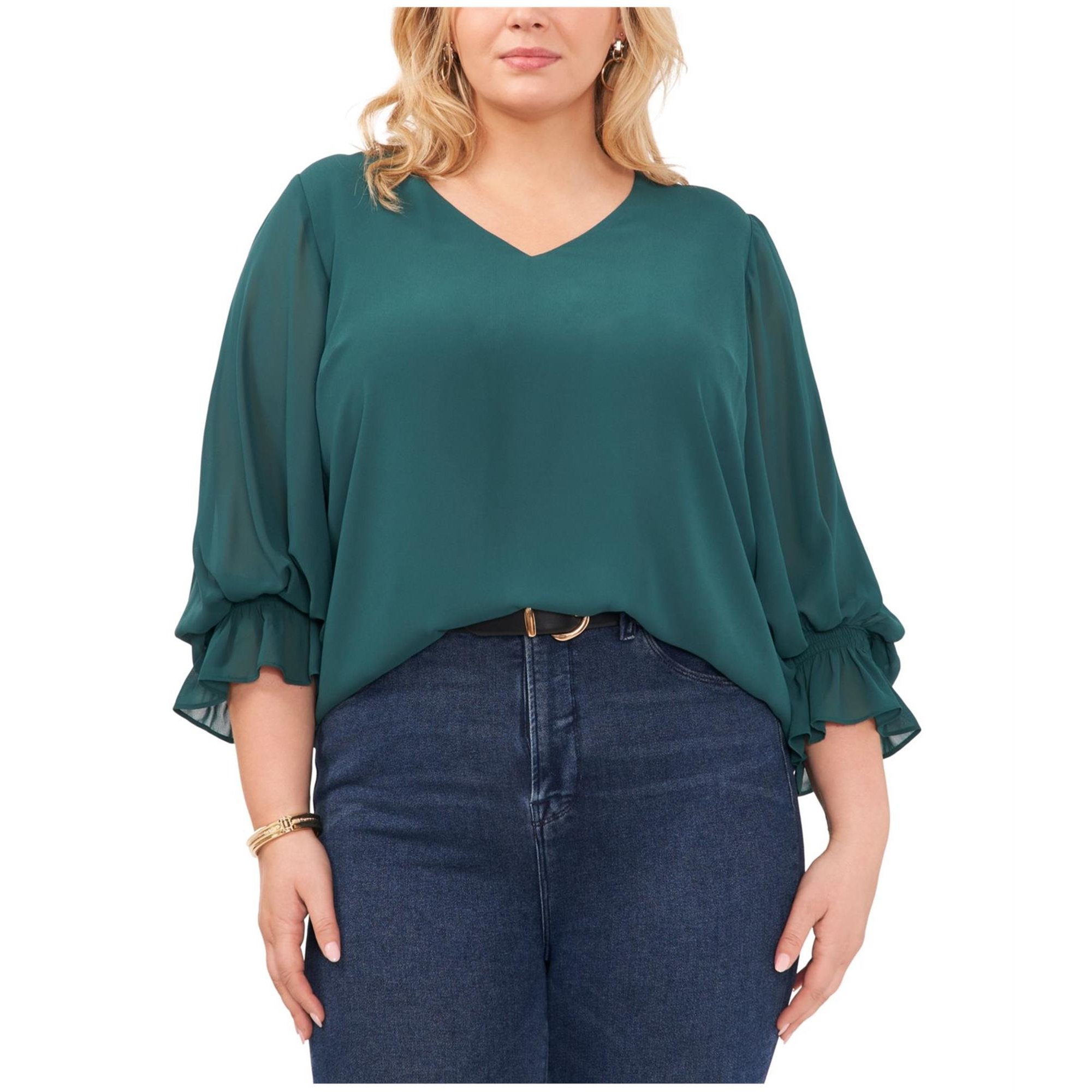 Vince Camuto Womens Blouson Flutter Sleeve Ruffled Blouse, Green, Plus Size, 2X
