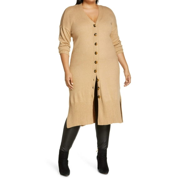 Plus Size Button-Front Duster Cardigan Latte Heather 1X