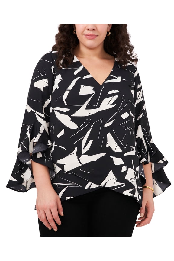 Plus Size Printed 3/4 Sleeve Tunic Rich Black 3X