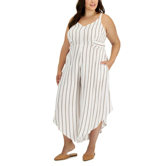 Vince Camuto Plus Size Striped V-Neck Tie-Waist Jumpsuit Black White 1X
