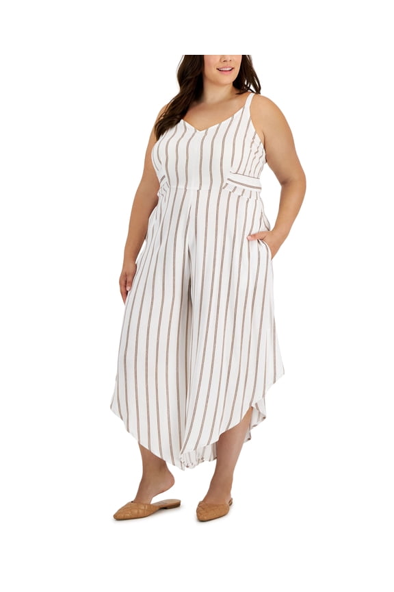 Plus Size Striped V-Neck Tie-Waist Jumpsuit Black White 1X