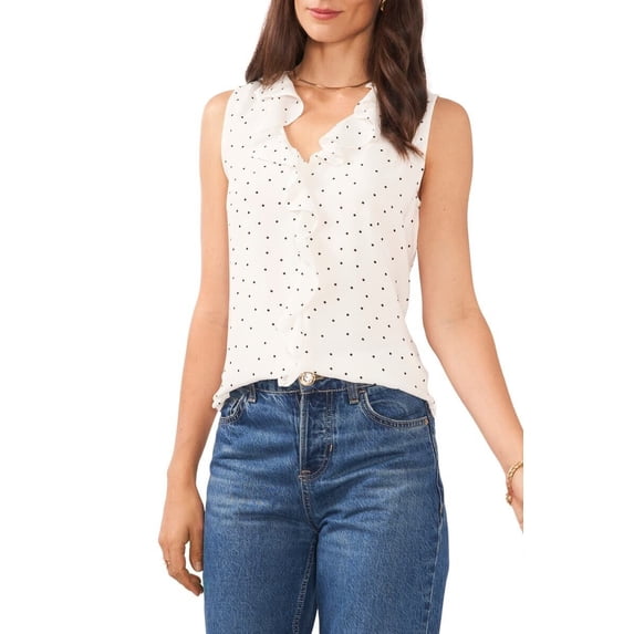 Vince Camuto Sleeveless V-Neck Ruffle Front Pindot Blouse Ivory Size S MSRP $69