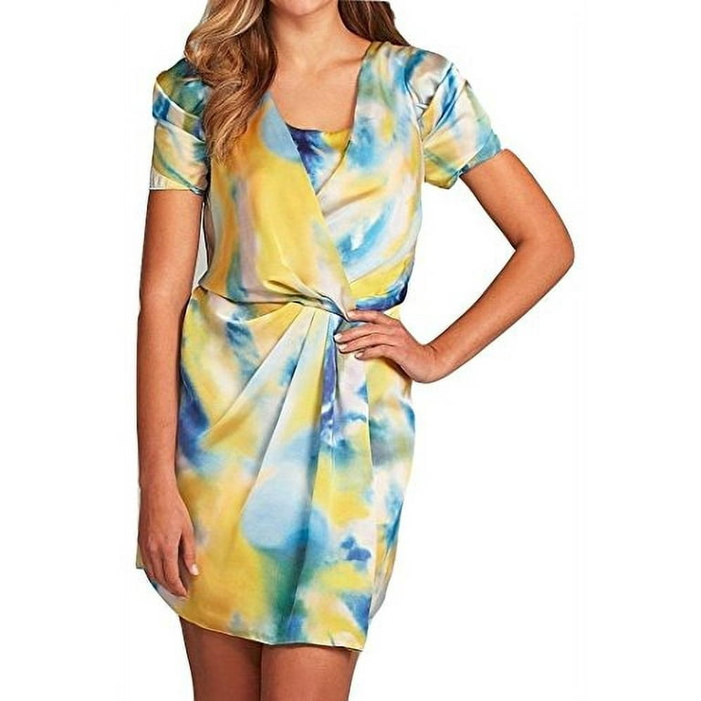 Vince Camuto V Neck Drape Short Sleeve Watercolor Dress Yellow