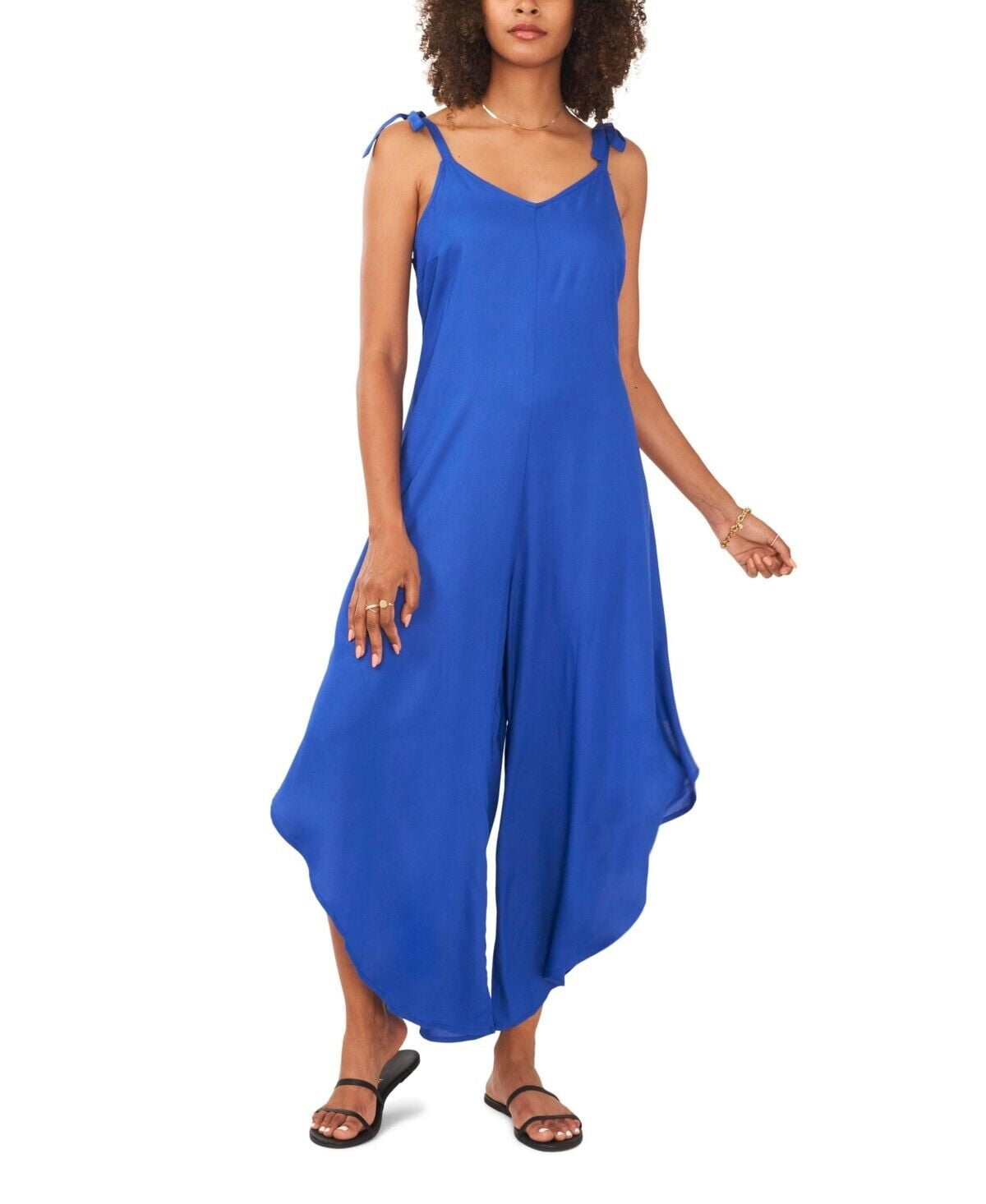 Vince Camuto Women Sleeveless Tie Shoulder Challis Jumpsuit Blue Size L MSRP $69