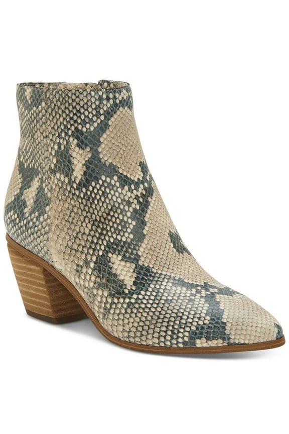 Women's Brown Leather Python Print Grasem Stacked Heel Booties