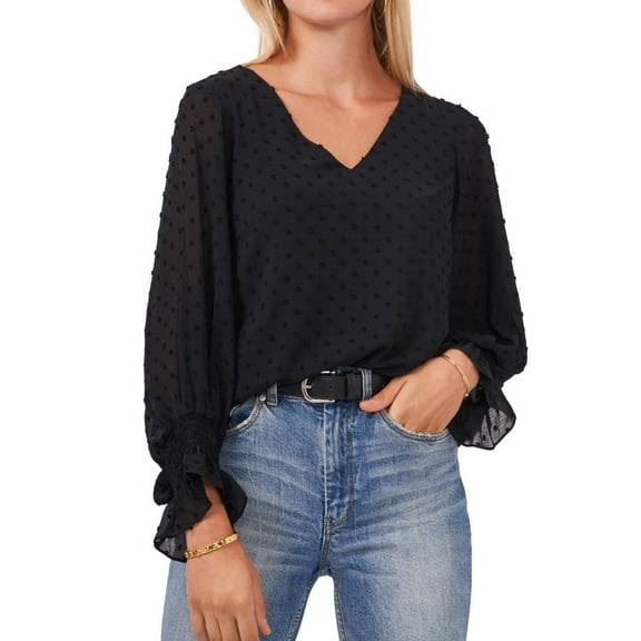 Vince Camuto Womens Clip Dot Smocked Cuff Ruffled Blouse, Black, Small