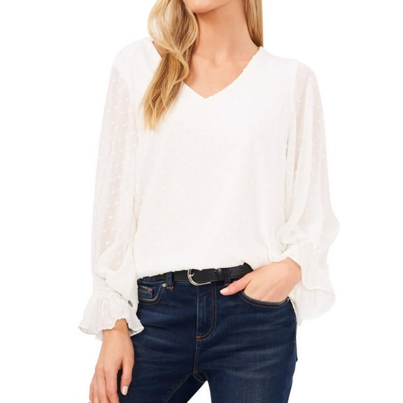 Vince Camuto Womens Clip Dot Smocked Cuff Ruffled Blouse, White, Small