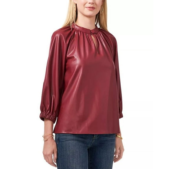 Vince Camuto Women's Faux Leather Split Neck Top Red Size Small