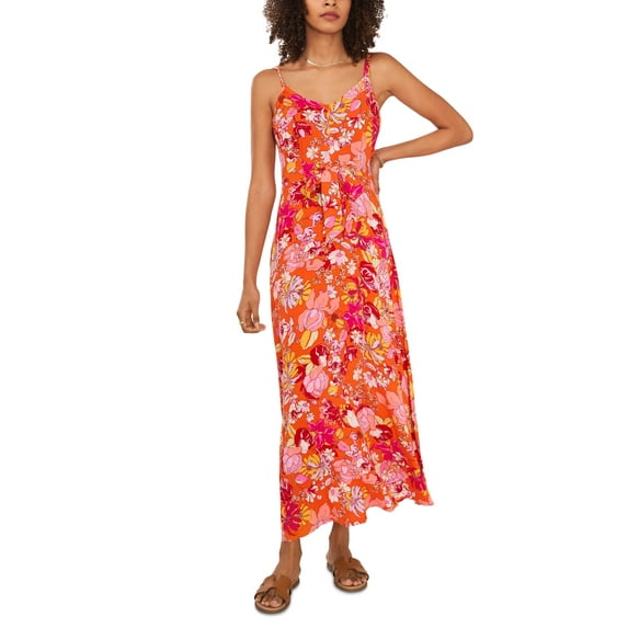 Vince Camuto Women's Floral Print V Neck Maxi Dress Orange Size X-Small