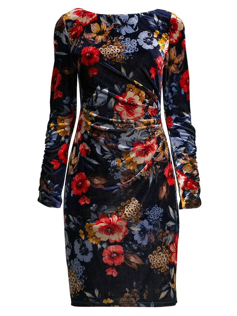 Vince Camuto Women's Floral-Print Velvet Bodycon Dress (14, Navy