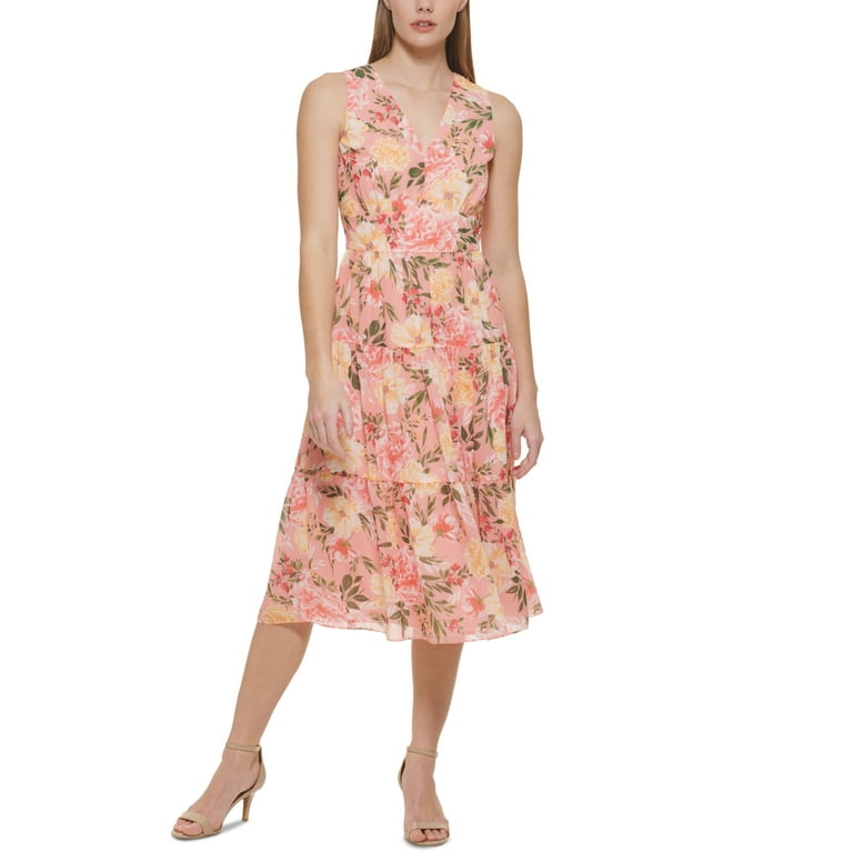 Vince Camuto Women's Floral Sleeveless Tiered Ruffle Midi Dress