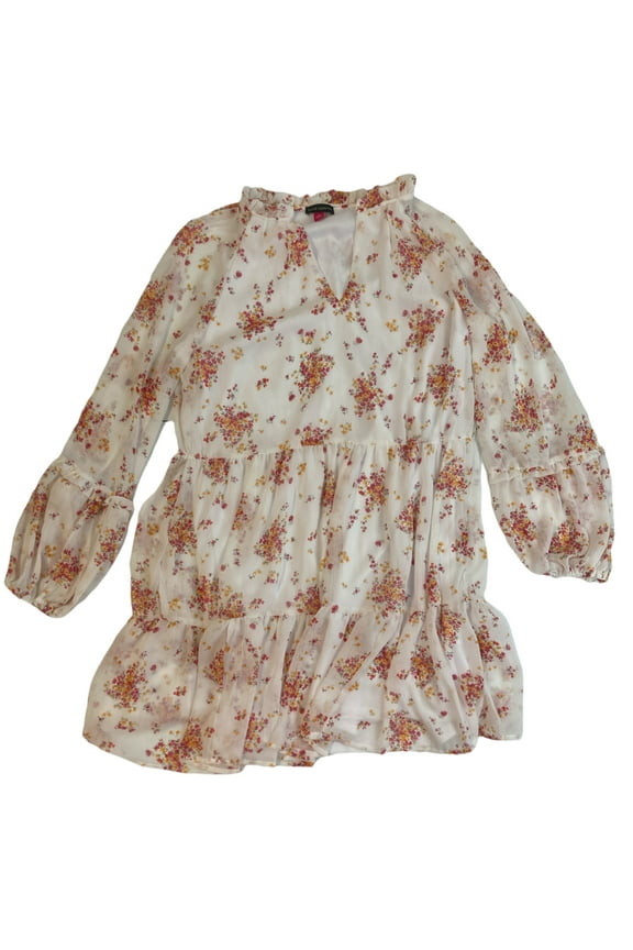 Women's Lightweight Three Tier Mini Fashion Dress (Ivory/Pink, L)