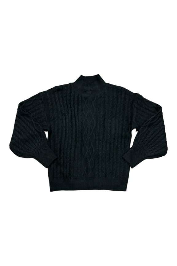 Women's Mock Neck Cable Knit Pullover Sweater Relaxed Fit (Rich Black, XL)