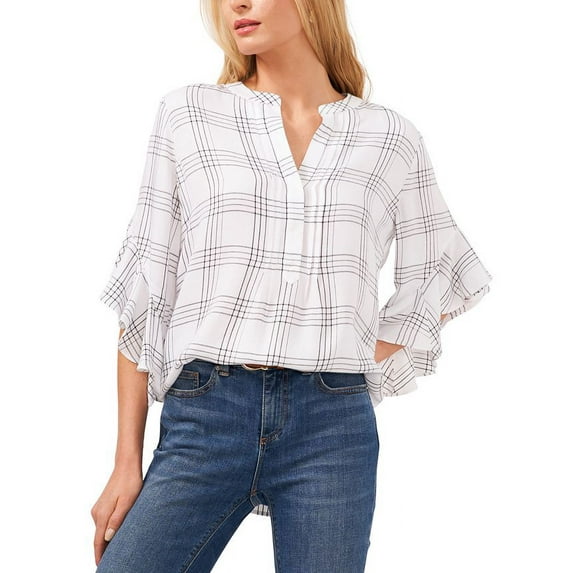 Vince Camuto Women's Pintuck Detail Plaid Flutter Sleeve Rumple Blouse White Size Large