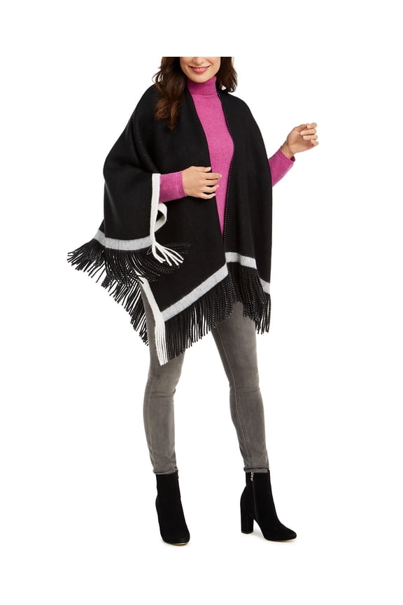 Women's Pop-Stripe Fringe Soft Acrylic Poncho Wraps Shawl, Black
