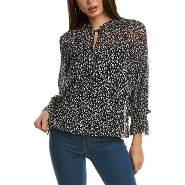 Vince Camuto Women's Printed Tie Neck Bell Sleeve Blouse, Black/White Small