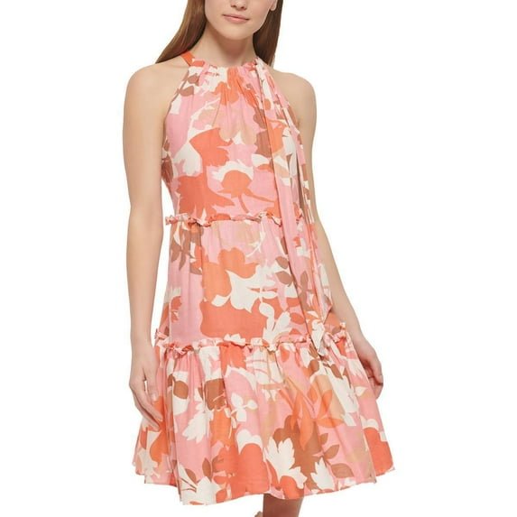 Vince Camuto Womens Printed Tiered Dress Coral 16