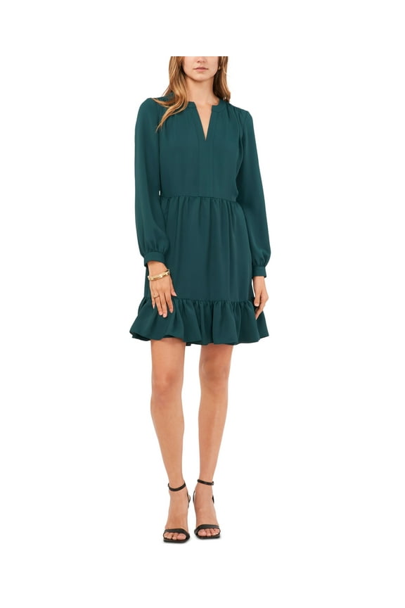 Womens Ruched Flounce Dress, Deep Forest, XXS