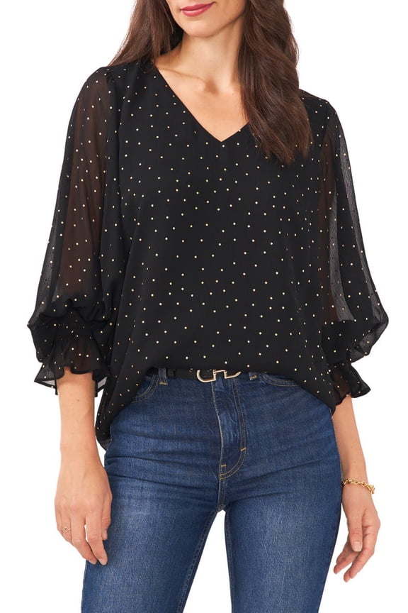 RICH BLACK Women's Sequin Polka Dot Balloon Sleeve Blouse, L