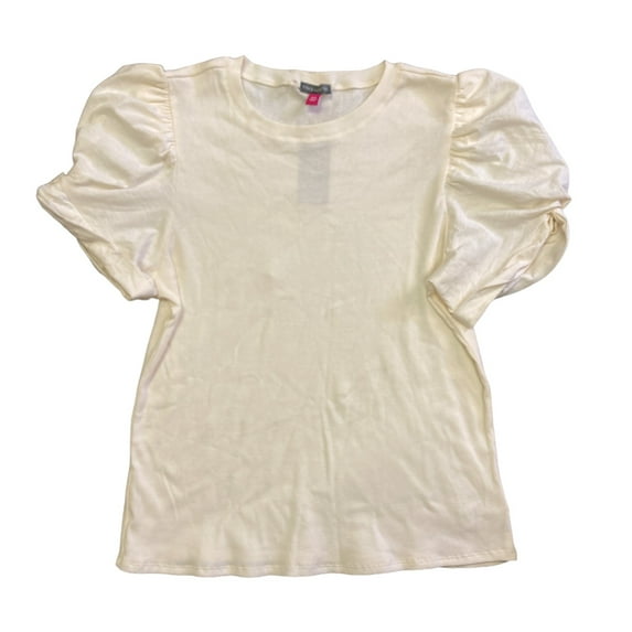 Vince Camuto Women's Short Puff Sleeve Ribbed Crewneck Top (Bone, S)