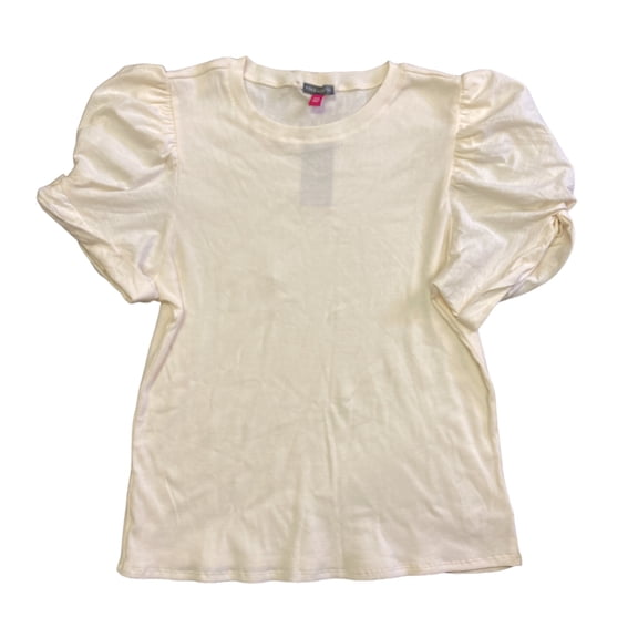 Vince Camuto Women's Short Puff Sleeve Ribbed Crewneck Top (Bone, S)