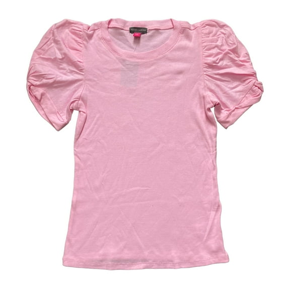 Vince Camuto Women's Short Puff Sleeve Ribbed Crewneck Top (Peony Pink, XL)