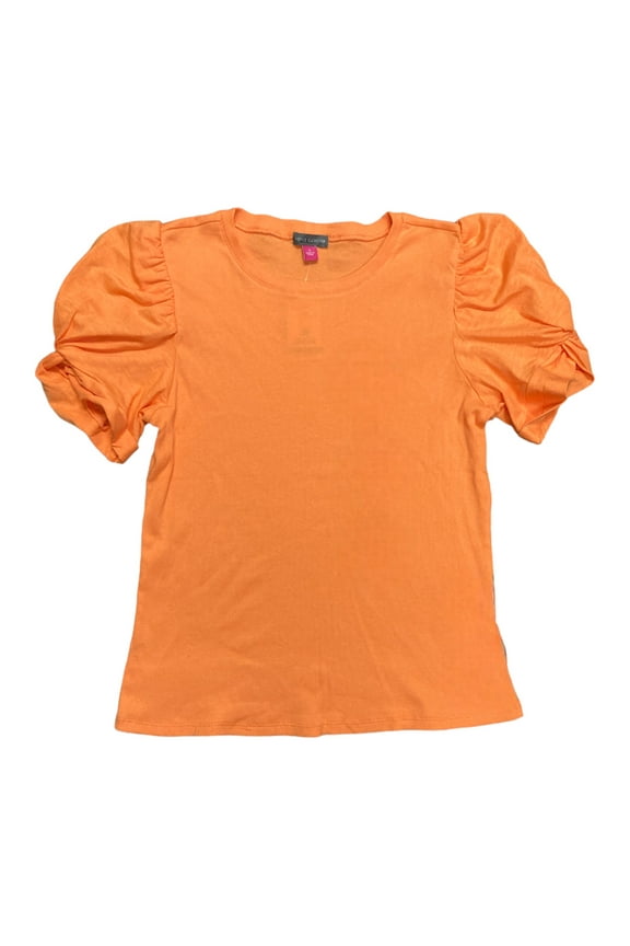Women's Short Puff Sleeve Ribbed Crewneck Top (Tangerine, L)