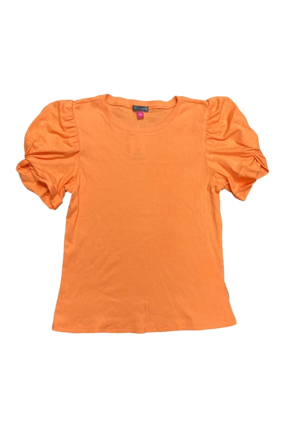 Women's Short Puff Sleeve Ribbed Crewneck Top (Tangerine, XXL)