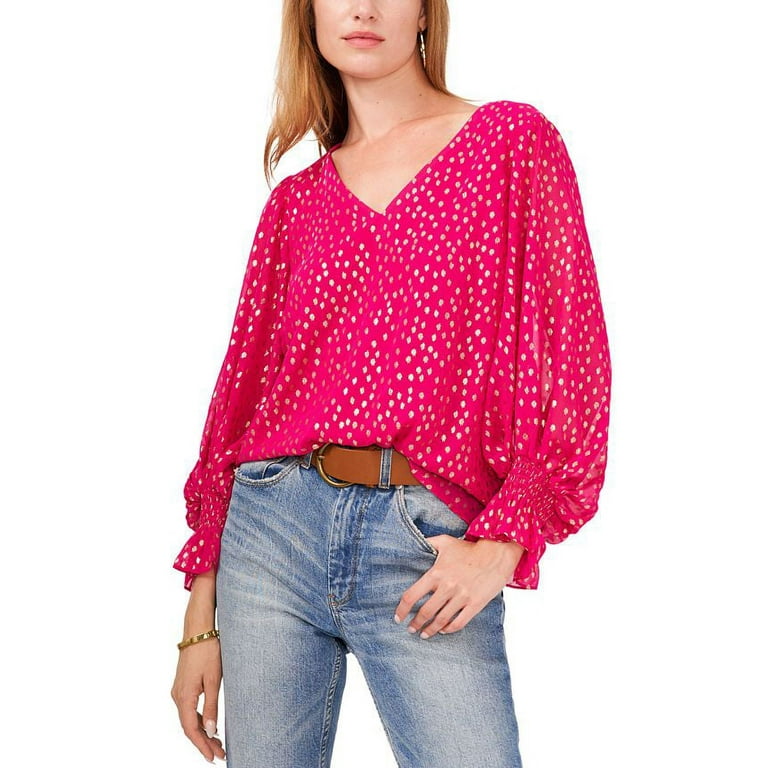 Vince Camuto Women's Smocked Cuff Foil Dot Blouse Pink Size S 