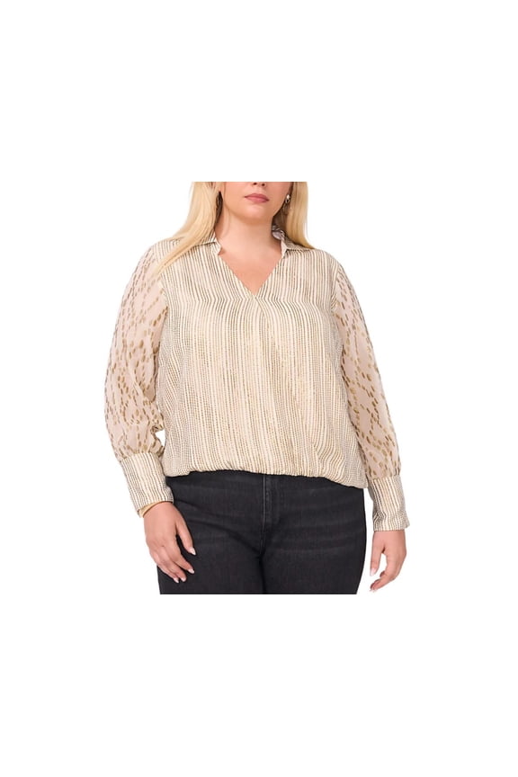 Women's V-Neck Collared Long-Sleeve Blouse Soft Cream Plus Size 1X