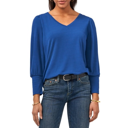 Vince Camuto Women's V-Neck Knit Top, Deep Blue, L