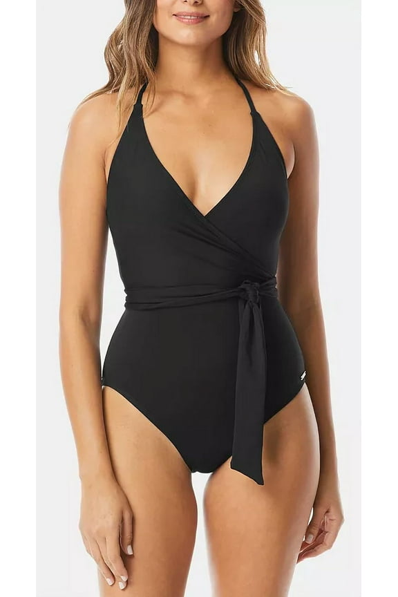 Women's V Neck Wrap Tie One Piece Swimsuit Black Size 14