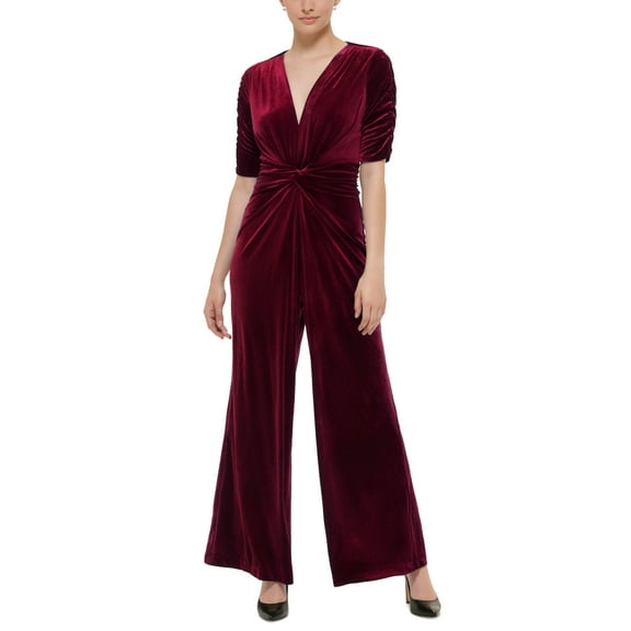 Vince Camuto Women's Velvet Knot Front Casual Jumpsuit, Red, (Women's)