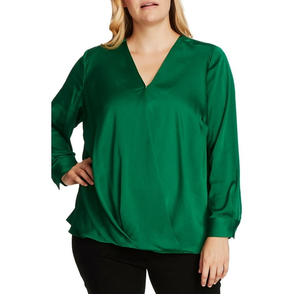 Vince Camuto Women's Wrap Front Hammered Satin Blouse Green Size 1X