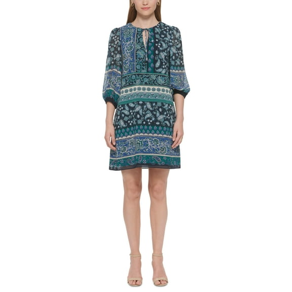 Vince Camuto Womens Balloon Sleeve Tie Neck Dress Navy/Green 14