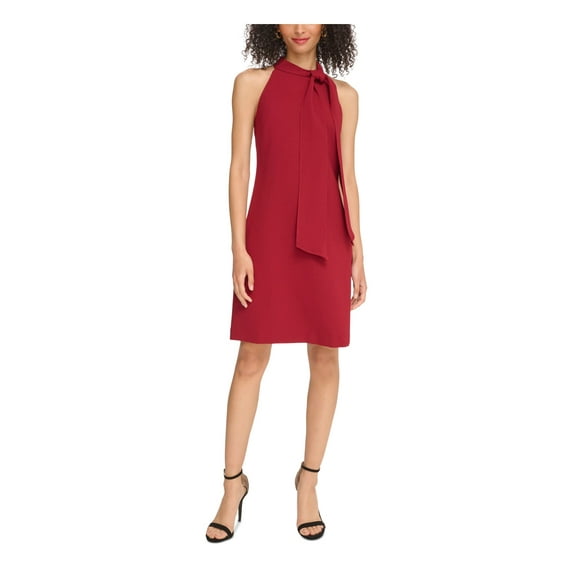 VINCE CAMUTO Womens Red Zippered Textured Tie Neck Lined Sleeveless Halter Above The Knee Evening Shift Dress 16