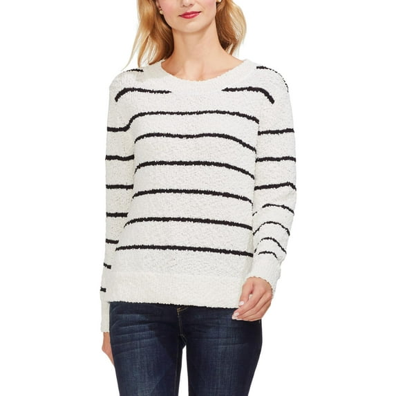 Vince Camuto Womens Chenille Striped Long Sleeves Pullover Sweater Black-Ivory S