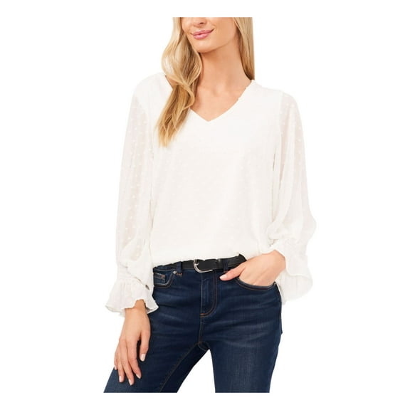 VINCE CAMUTO Womens Ivory Smocked Lined Long Sleeve V Neck Blouse XS