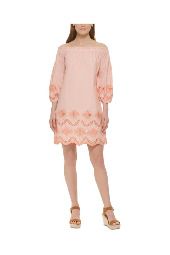 Womens Cotton Eyelet Off The Shoulder Dress Tangerine 12