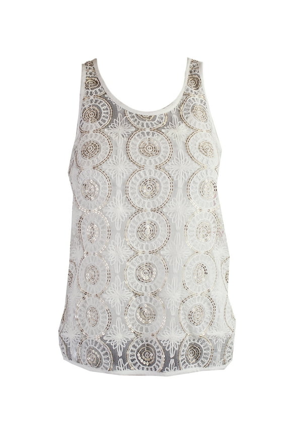 Womens Cream Sleeveless Sequin-Embellished Mesh Tank Top XXS