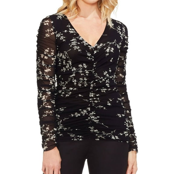 Vince Camuto Womens Desert Ditsy Pullover Blouse, Black, X-Small