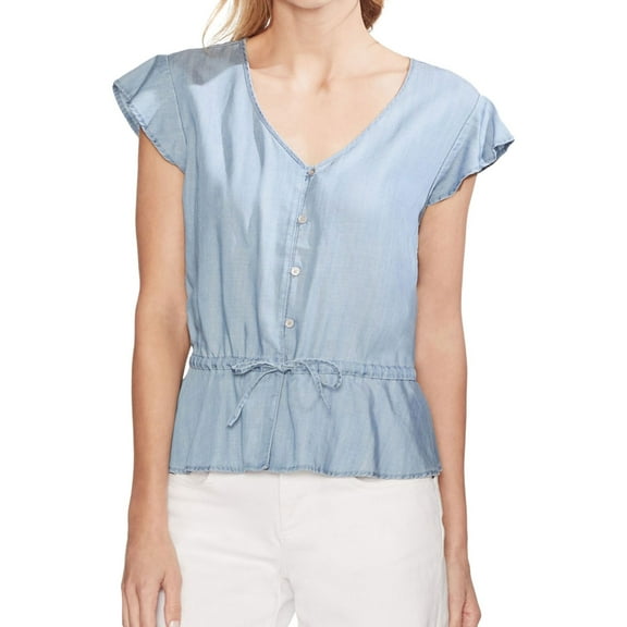 Vince Camuto Womens Drawstring Button Down Blouse, Blue, X-Small