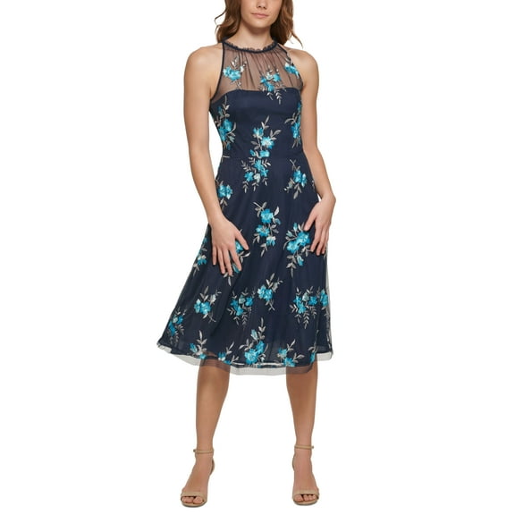 Vince Camuto Womens Floral Embroidered Halter Style Dress Turquoise 8