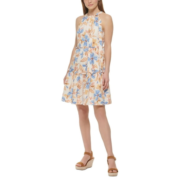 Vince Camuto Womens Floral Print Tiered Dress Blue 8
