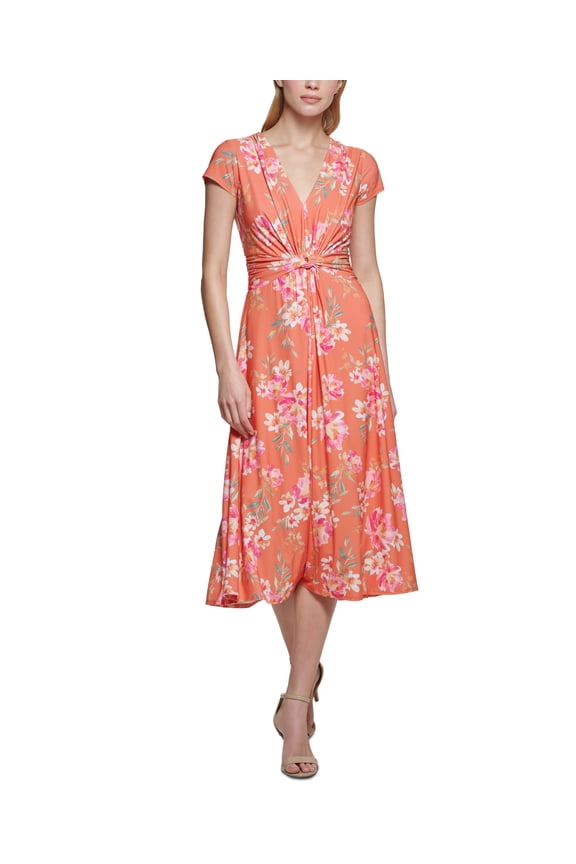 Womens Floral-Print Twist-Front Midi Dress Tangerine 10